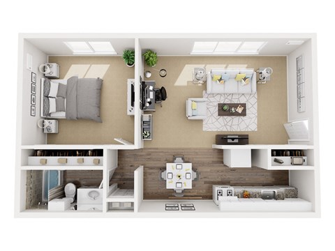 A top-down view of a small, neatly organized apartment with a bed, desk, and kitchenette.